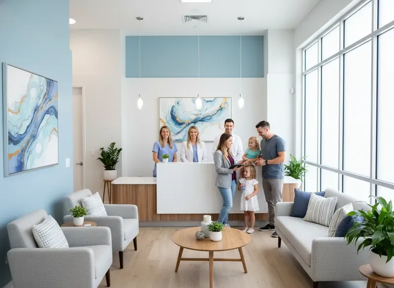 Welcoming interior of Affordable Dental of OKC with friendly staff and a family at the reception desk