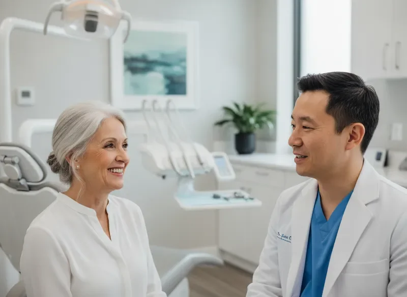 Senior patient consulting with Dr. Jason Chang about restorative dental treatment